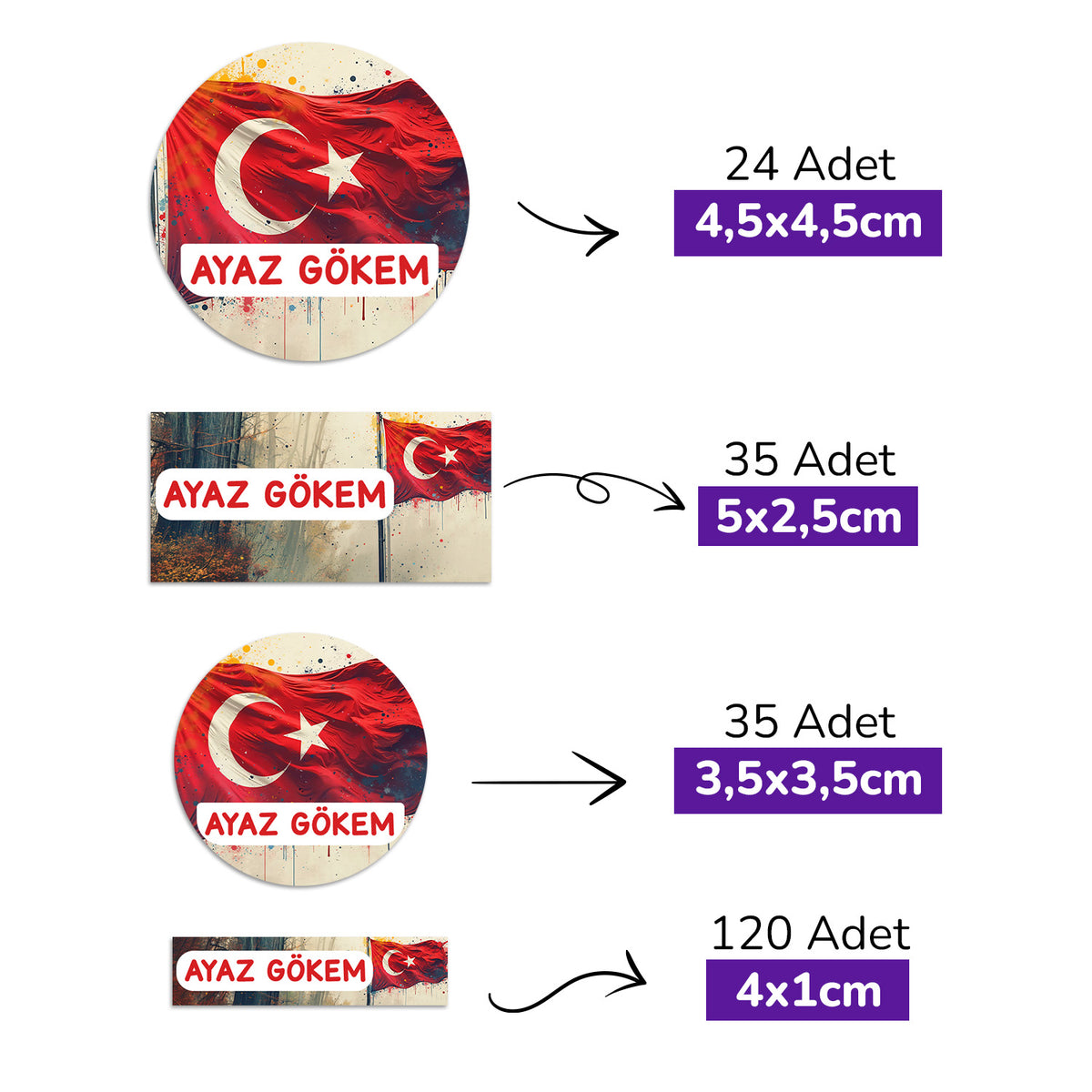 214 Adet Ay Yıldız - Türk Bayrağı Temalı Kişiye Özel İsimli Okul Etiketi