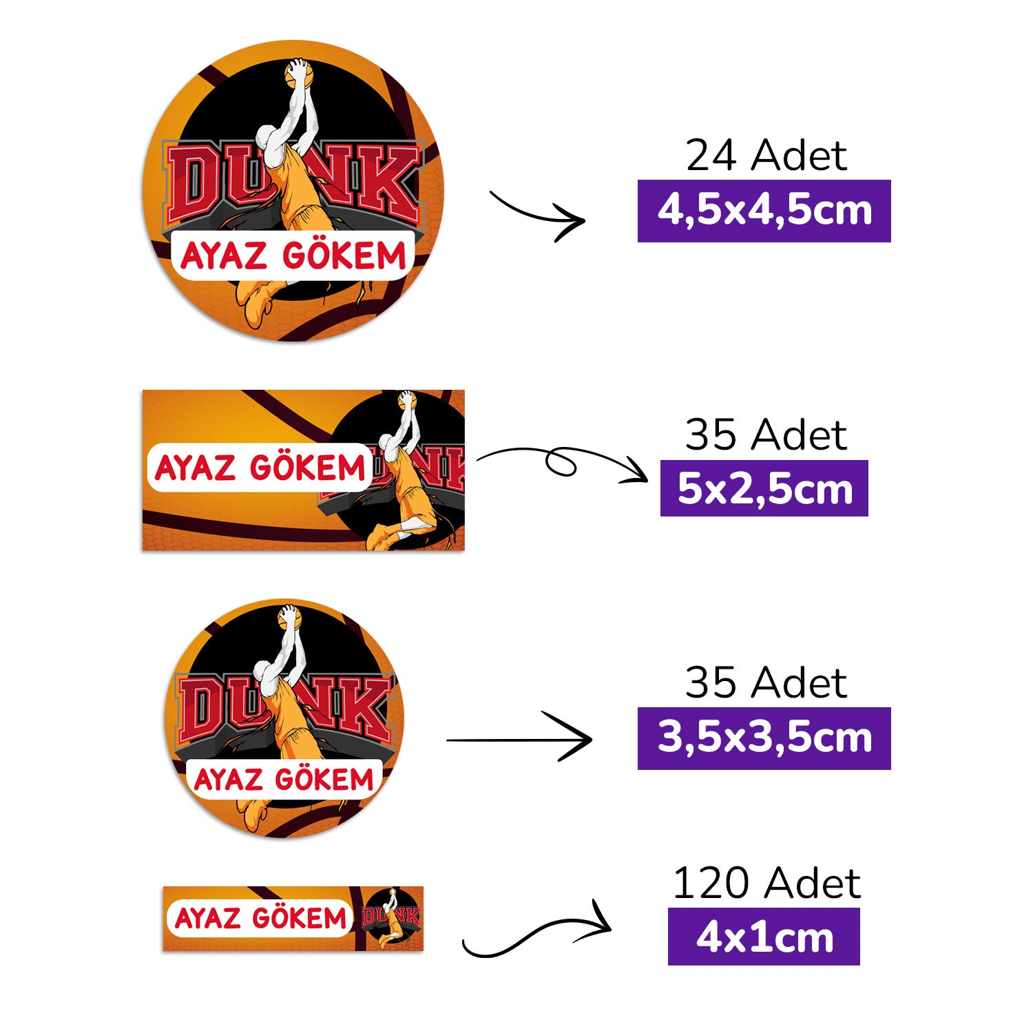 214 Adet Basketbol Temalı Kişiye Özel İsimli Okul Etiketi