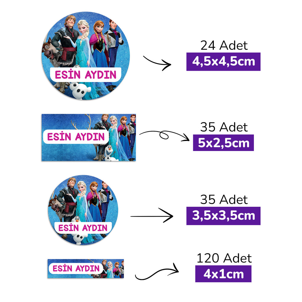 214 Adet Buz Prensesi Temalı Kişiye Özel İsimli Okul Etiketi