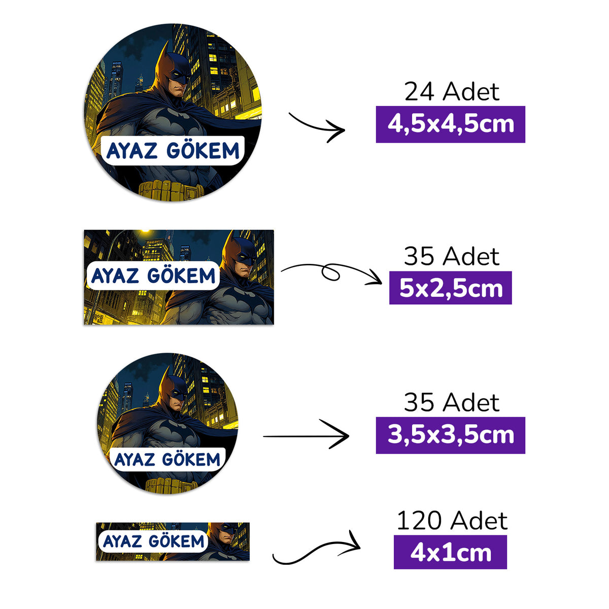 214 Adet Gece Kahramanı Temalı Kişiye Özel İsimli Okul Etiketi