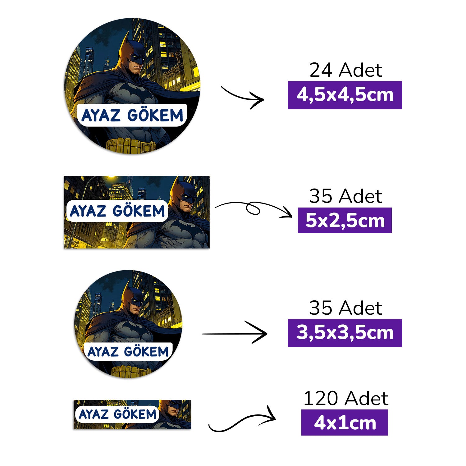 214 Adet Gece Kahramanı Temalı Kişiye Özel İsimli Okul Etiketi