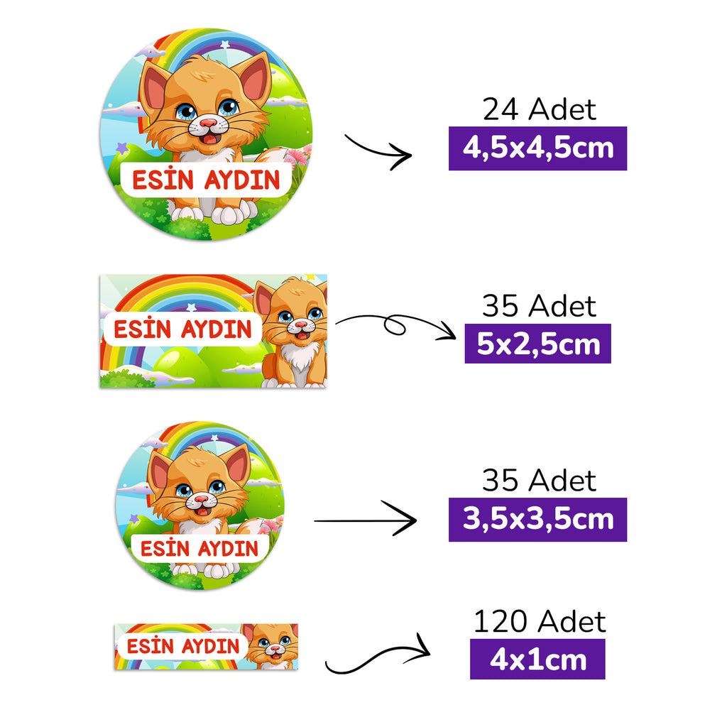 214 Adet Kedi Temalı Kişiye Özel İsimli Okul Etiketi
