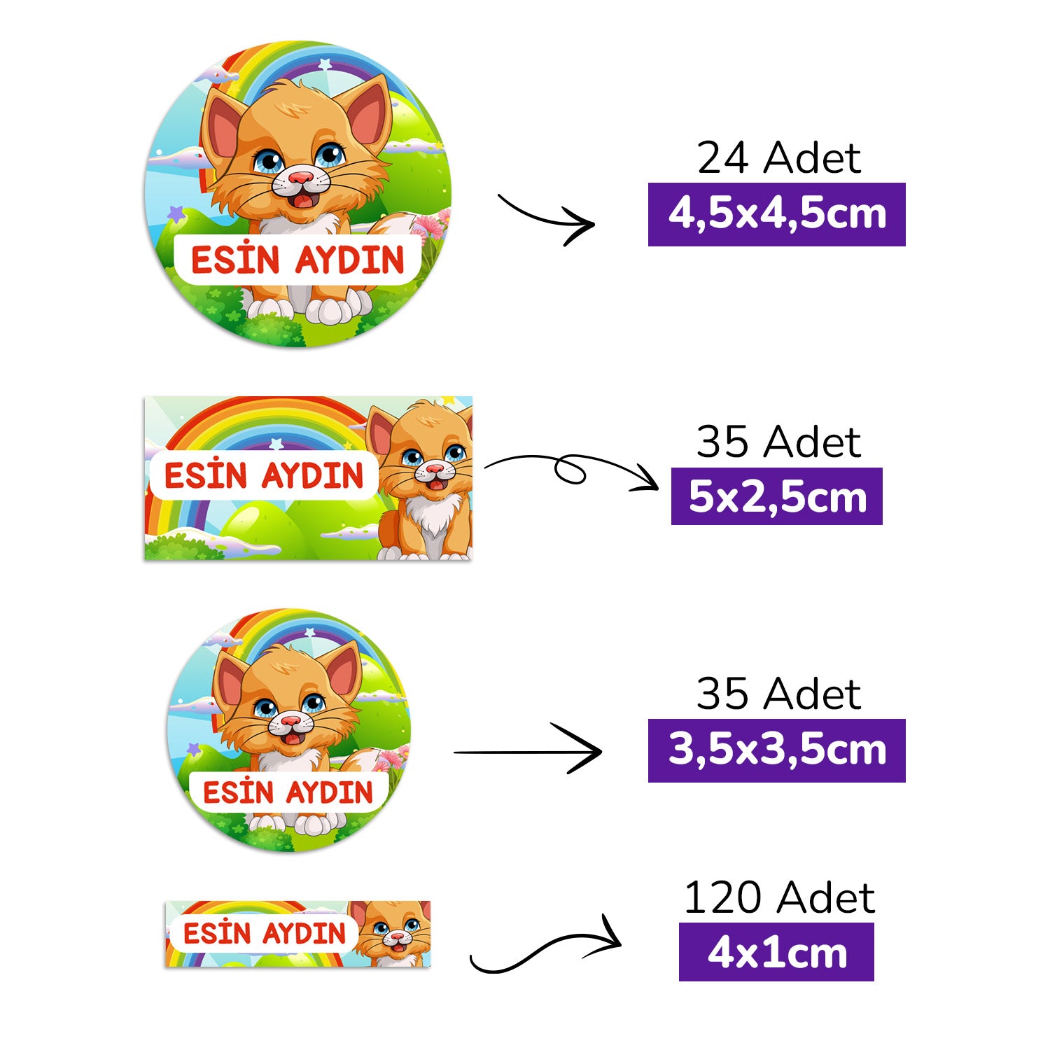 214 Adet Kedi Temalı Kişiye Özel İsimli Okul Etiketi