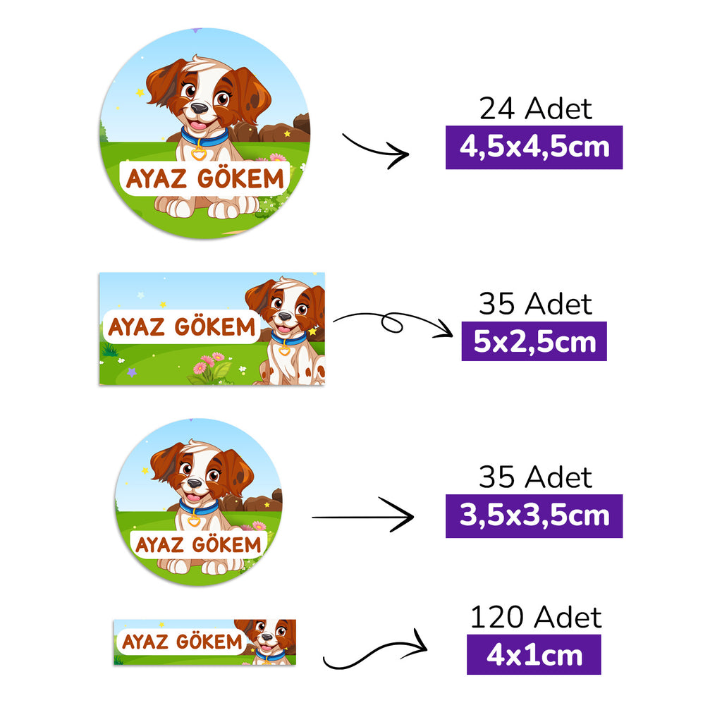 214 Adet Köpek Temalı Kişiye Özel İsimli Okul Etiketi