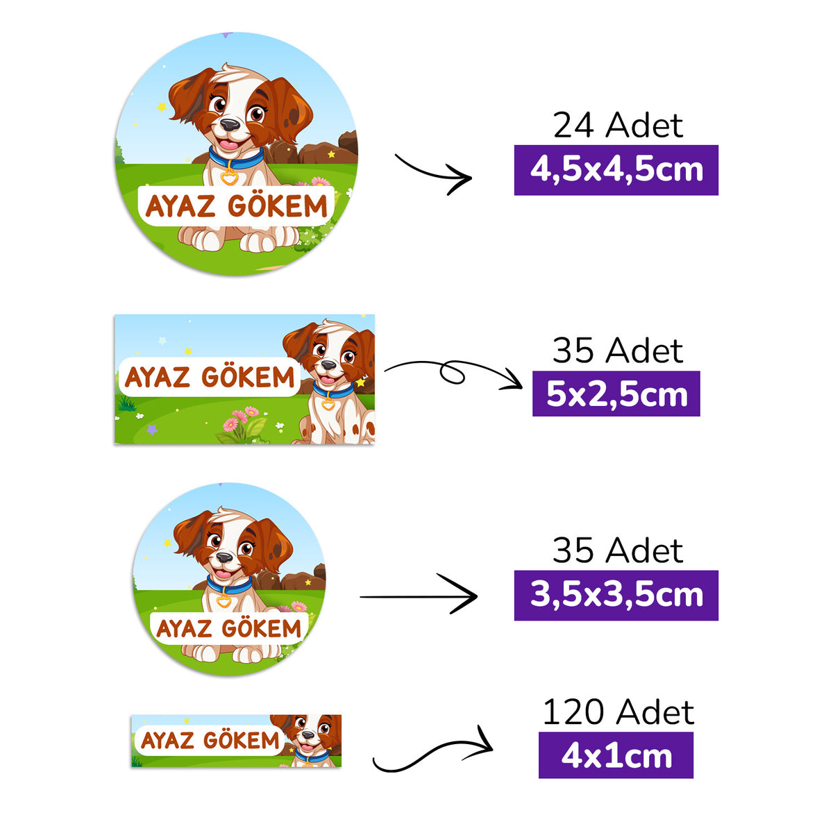 214 Adet Köpek Temalı Kişiye Özel İsimli Okul Etiketi