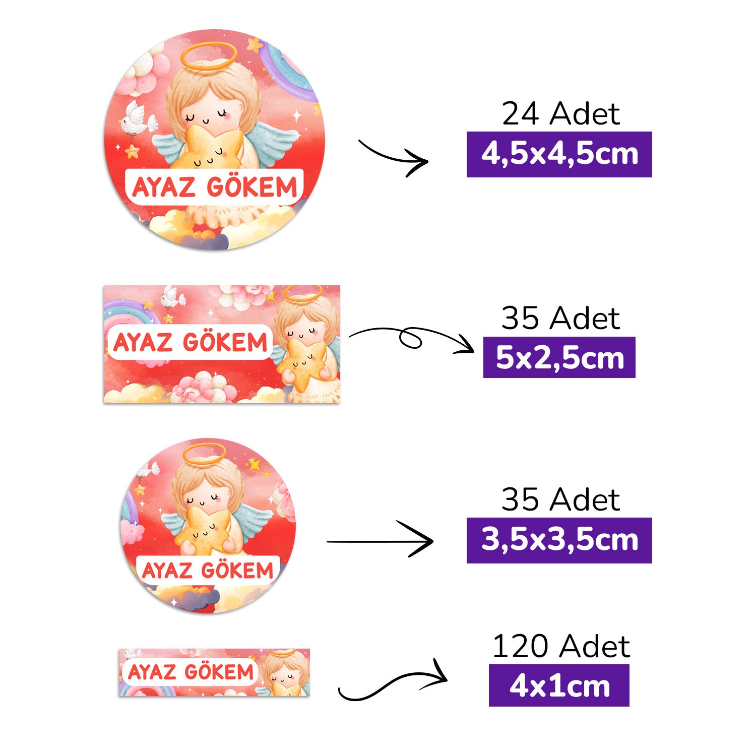 214 Adet Melek Temalı Kişiye Özel İsimli Okul Etiketi