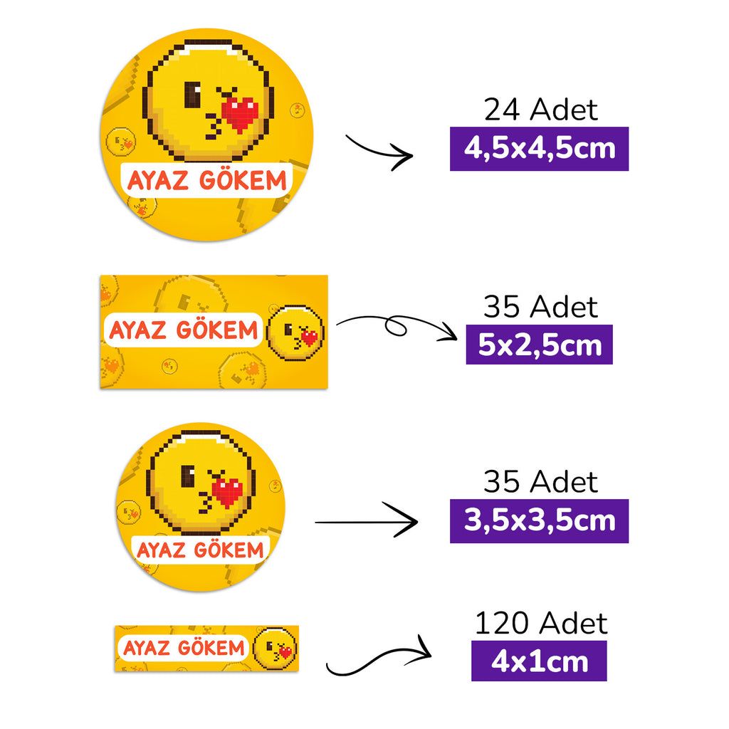 214 Adet Pixel Art Temalı Kişiye Özel İsimli Okul Etiketi