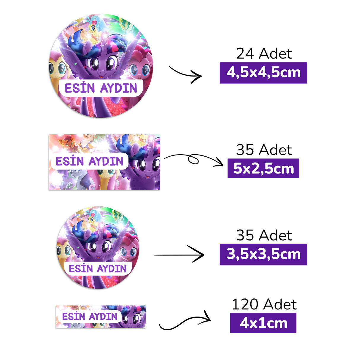 214 Adet Sevimli Pony Temalı Kişiye Özel İsimli Okul Etiketi