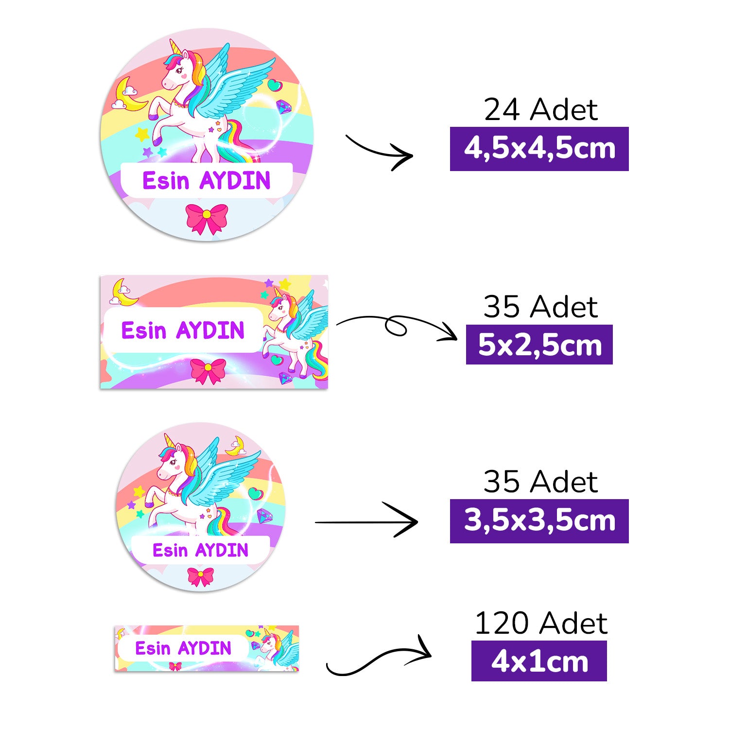 214 Adet Unicorn Tasarımlı Kişiye Özel İsimli Okul Etiketi