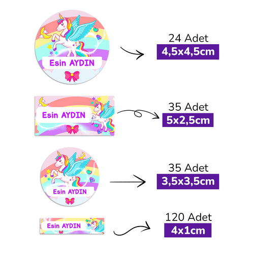 214 Adet Unicorn Tasarımlı Kişiye Özel İsimli Okul Etiketi