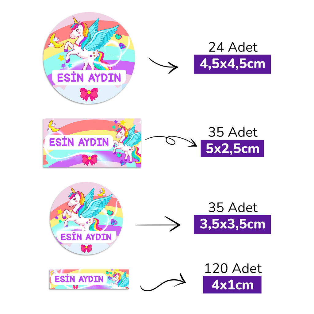 214 Adet Unicorn Tasarımlı Kişiye Özel İsimli Okul Etiketi