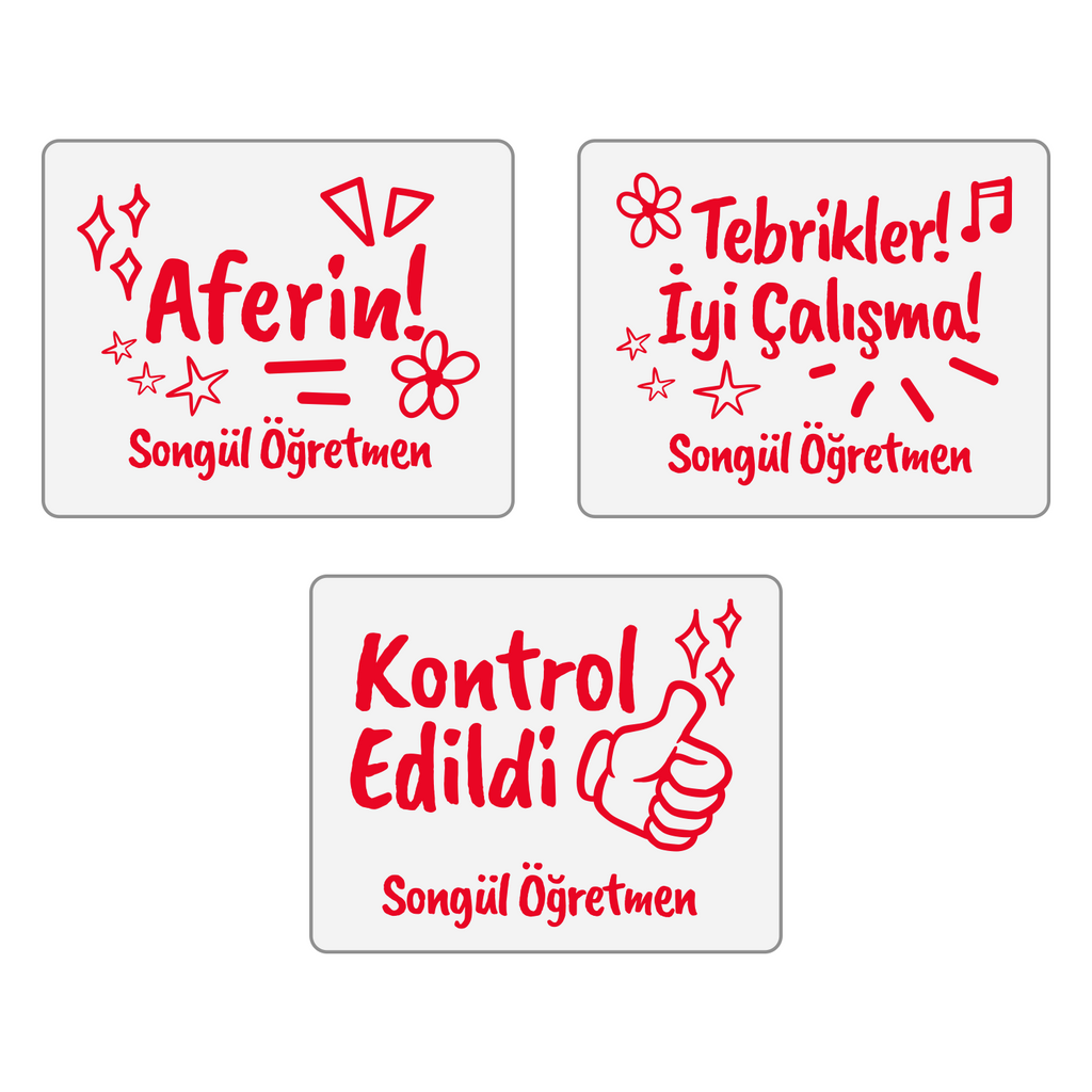 Öğretmen Kaşesi Seti - Kontrol Edildi + Aferin + Tebrikler İyi Çalışma